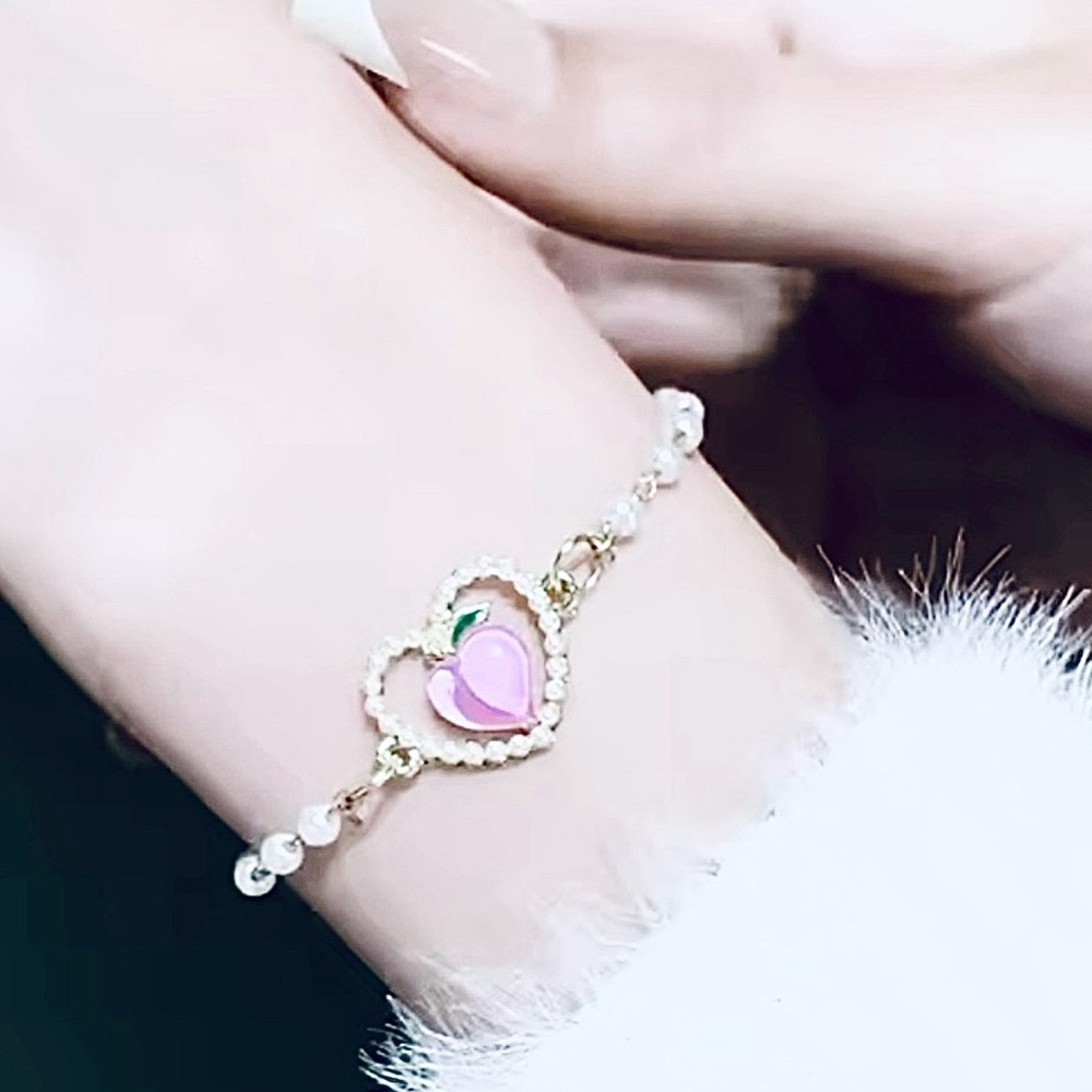 Pearl Heart Peach~ Pink Fruit Sweet Nectar Open Framed Dainty Love Cute Bracelet